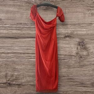 Sophisticated ASOS Off-Shoulder Burnt Orange Rust Polka Dot Overlay Long Dress